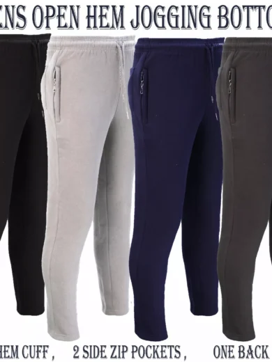 Mens Fleece Jogging Bottoms ZIP Pockets Pants Plain Open Hem Joggers Trouser