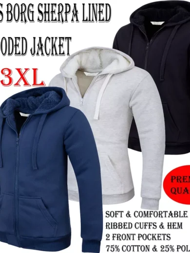 Mens Padded Borg Fleece Lined Full Zip Up Hoodie Sweatshirt Quality Jacket M-3XL