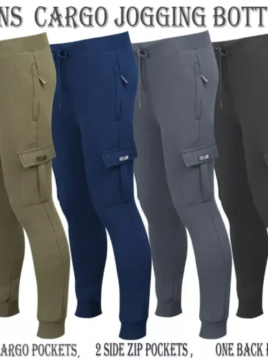 Mens Cargo Joggers Fleece Bottom Elasticated Gym Trouser Sweatpants ZIP Pockets - Image 3